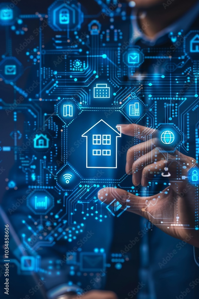 Poster technologist interacting with smart home system interface amidst digital circuitry in a modern works