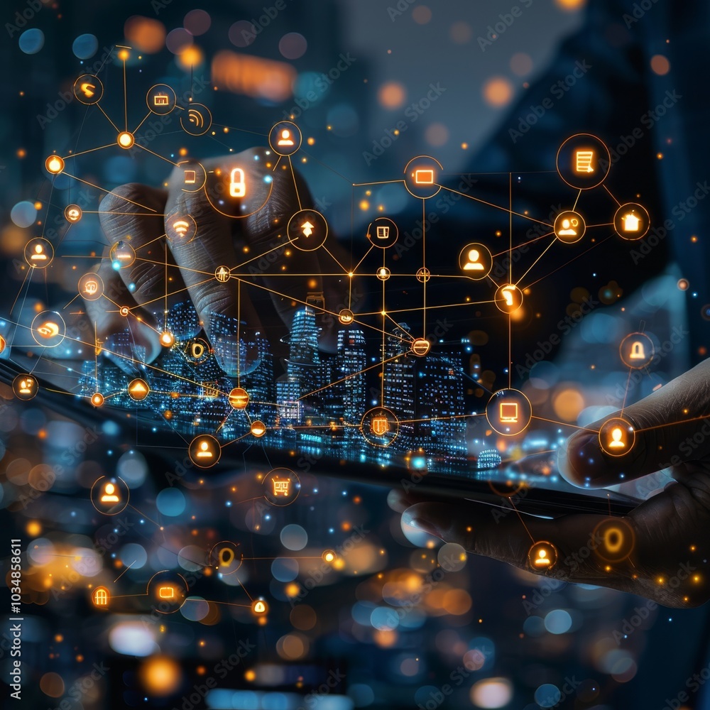 Poster exploring digital connectivity through a tablet in a vibrant cityscape at night, illuminated by glow