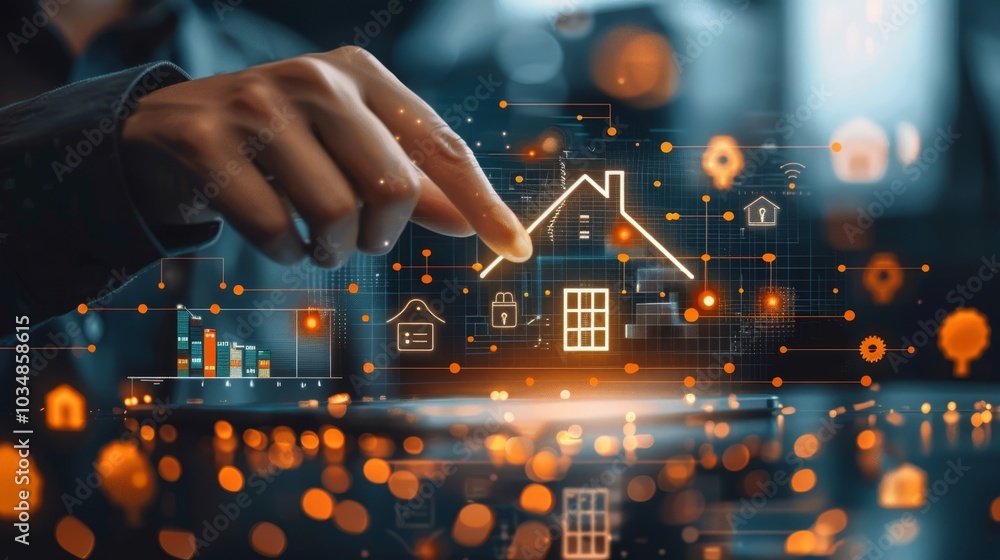 Poster a person interacts with a virtual smart home interface showcasing connectivity and security features