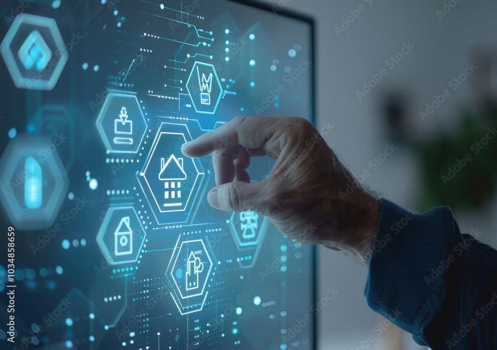 Poster an individual interacting with a digital interface displaying smart home controls in a modern, tech-