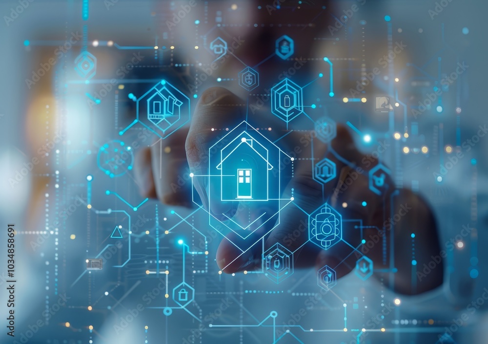 Poster a person interacts with a digital interface displaying smart home technology and connectivity soluti