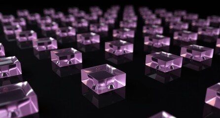 Periwinkle translucent rectangular prisms on a black background with smooth, mirror-like surfaces. A hyper-realistic 3D render in super HD quality.