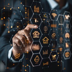 Fototapeta premium A business professional interacts with a digital interface displaying data and icons related to technology and real estate analytics