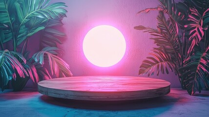 Obraz premium Wooden Platform with Tropical Leaves and Neon Lighting