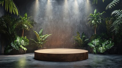 Wooden Platform Surrounded by Tropical Plants in a Dark Room with Spotlights