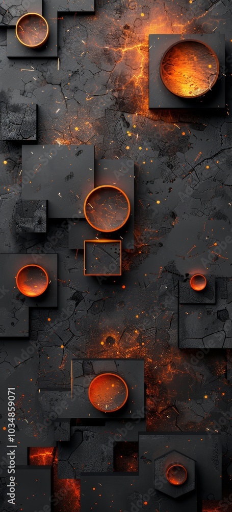 Aufkleber abstract composition of black textured surfaces with glowing orange circles and squares, featuring a