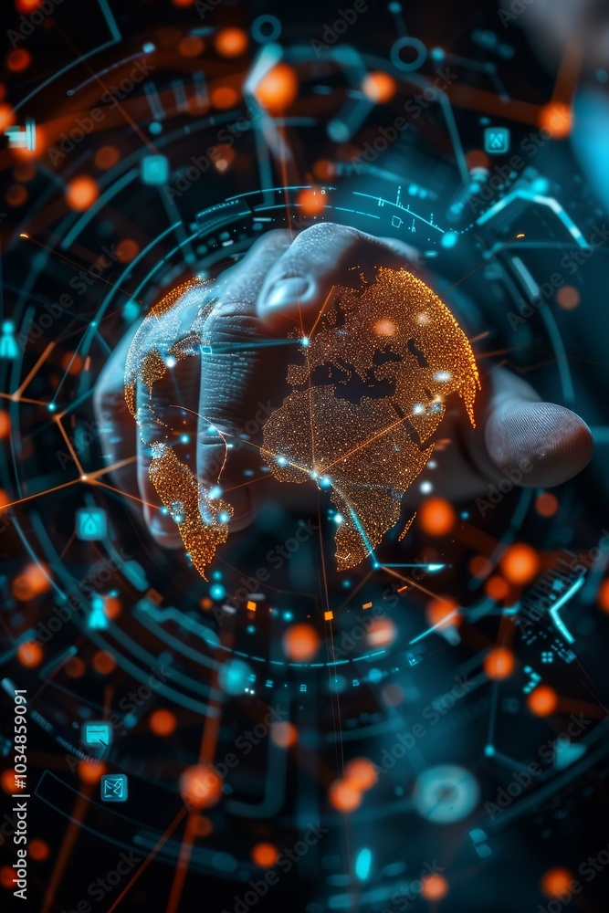 Poster a hand reaching toward a digital representation of the world with glowing elements and connections i
