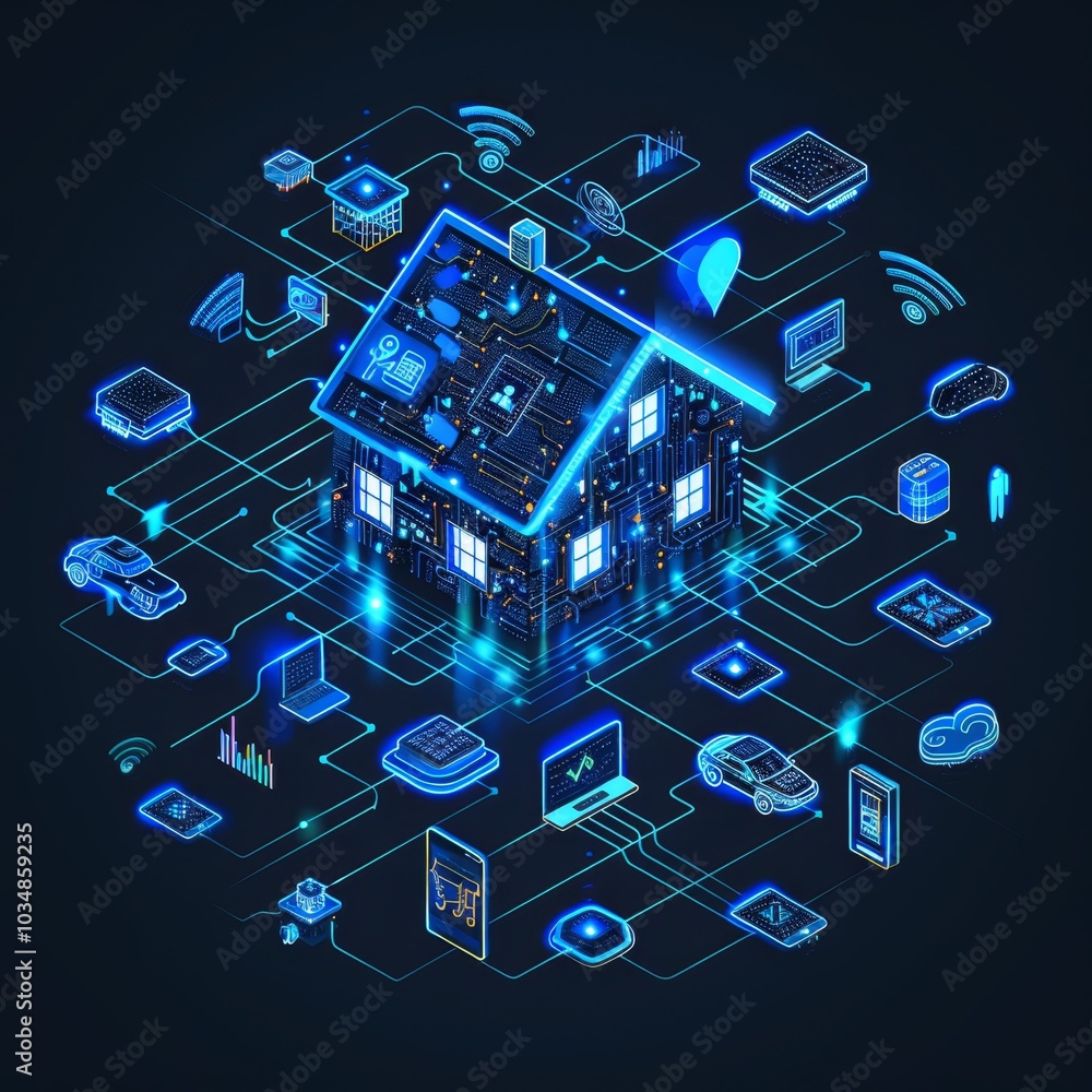 Poster a futuristic smart home concept featuring interconnected devices and systems using digital technolog