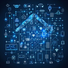 A futuristic digital representation of a smart home network showcasing interconnected devices and technologies