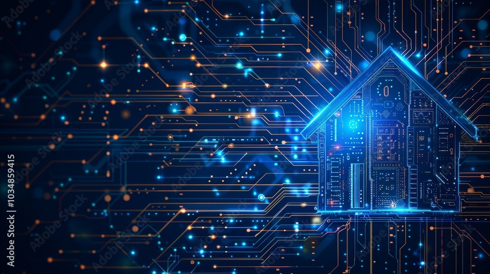 Poster digital representation of a smart home concept illuminated by circuit patterns and blue lights in a 