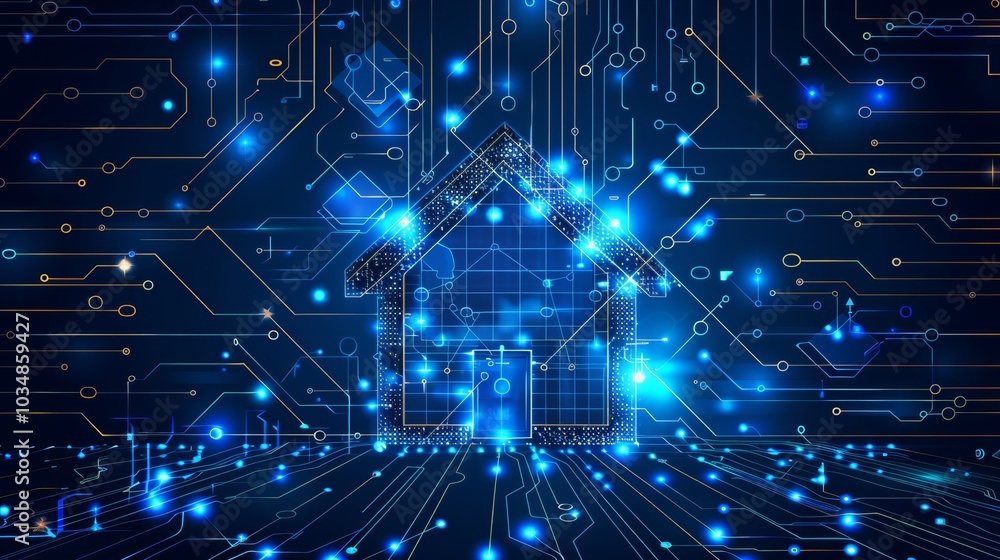 Poster a digital home illustration illuminated by blue lights and circuit patterns representing smart techn
