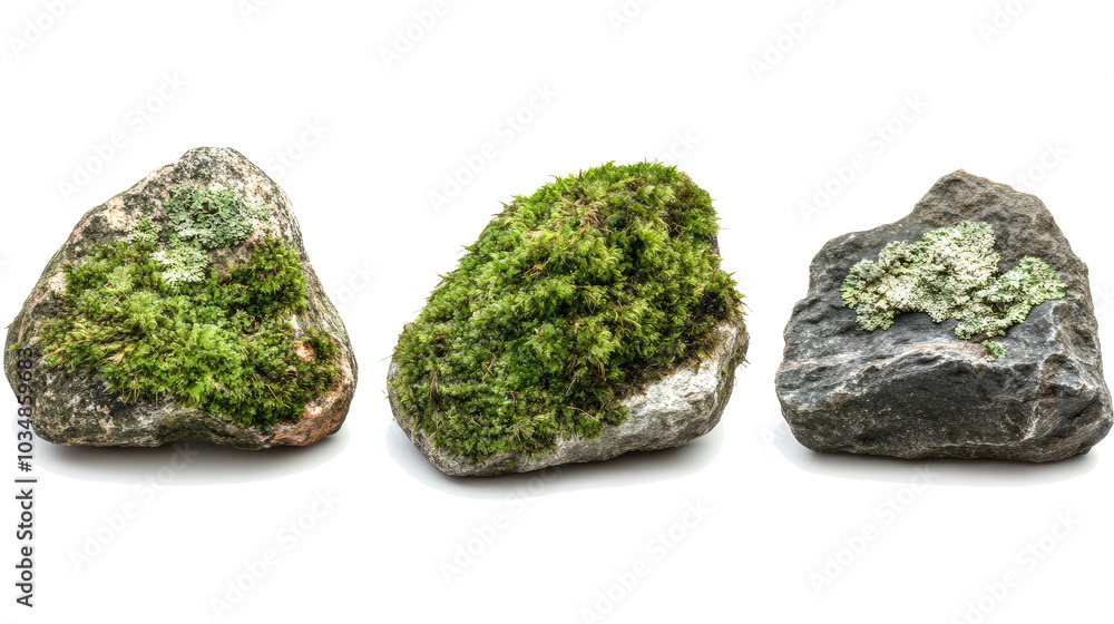 Poster collection of mossy rocks isolated on a transparent background generative ai