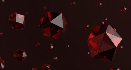 Burgundy-colored translucent regular polygons with smooth reflective surfaces set against a dark backdrop. A hyper-realistic 3D render in super HD quality.