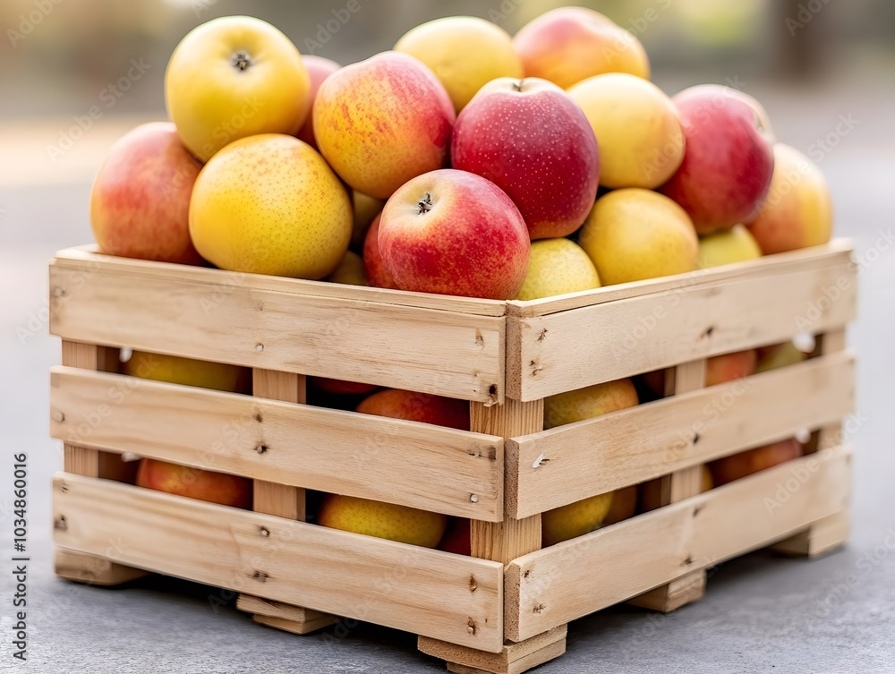 Wall mural a wooden crate filled with a colorful assortment of fresh apples, showcasing vibrant reds and yellow