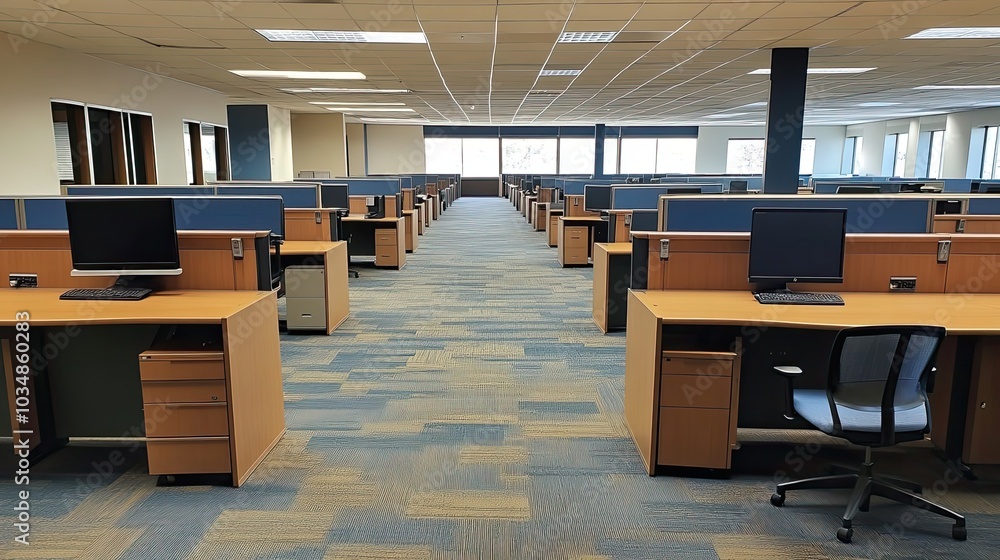 Poster empty office cubicles with desks and computers