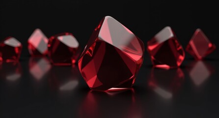 Burgundy translucent irregular polygons with smooth, mirror-like surfaces set against a dark background. A detailed, realistic 3D render in super HD quality.