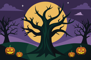 Halloween background with pumpkin and hunted tree - Generative AI