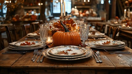 Naklejka premium A festive Thanksgiving table set with pumpkins and autumn leaves as the centerpiece, candles providing warm light, rustic wooden table, elegant cutlery and plates with autumn-themed designs,
