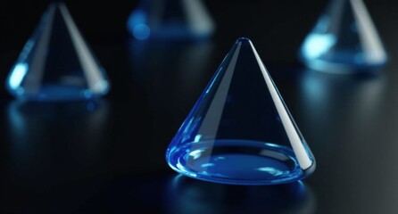 Indigo-colored translucent equilateral triangles on a black background. Their mirror-like surfaces reflect light smoothly in this hyper-realistic 3D render in super HD quality.