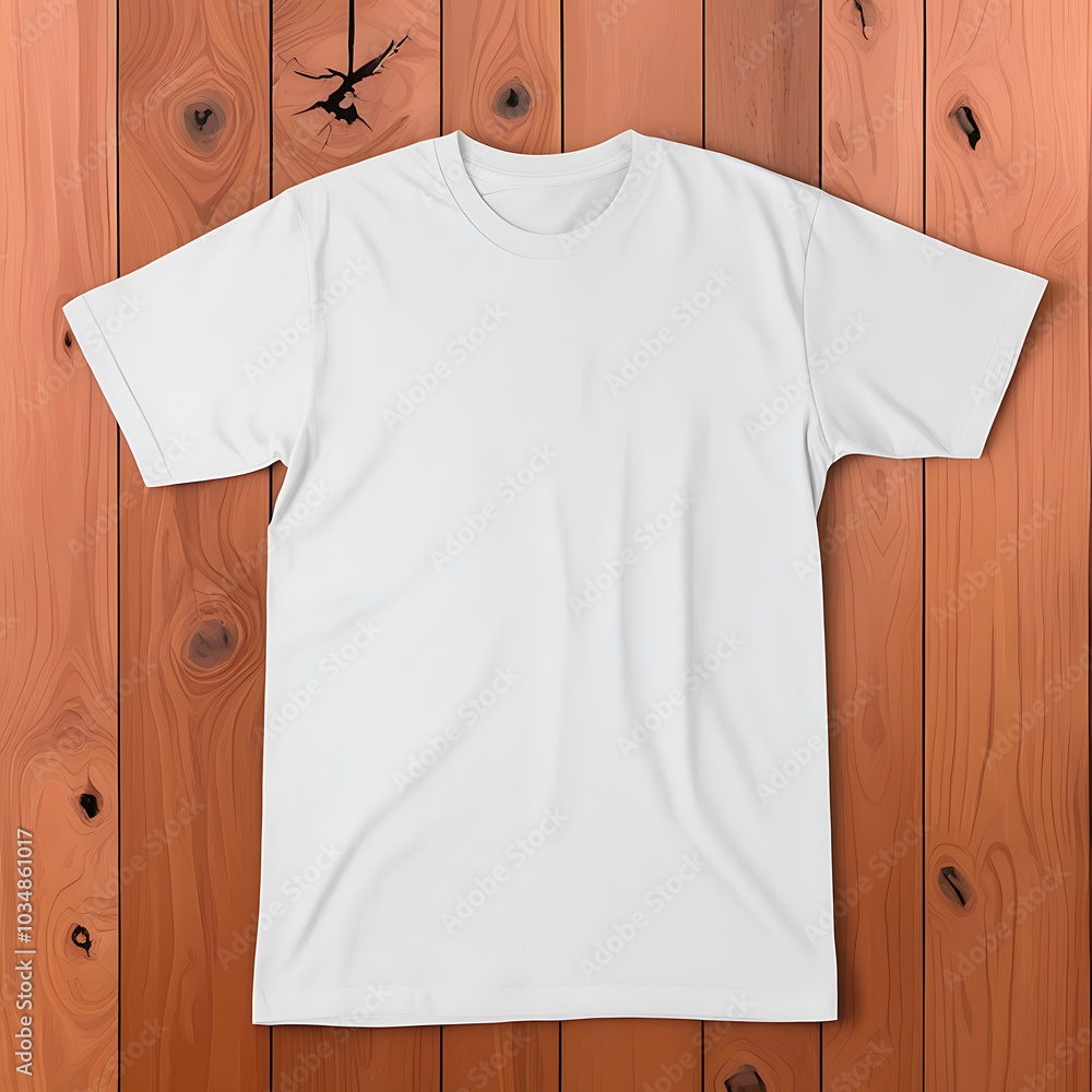 Wall mural commercial studio shot of a white short sleeve t-shirt plain round neck mock up on wooden background