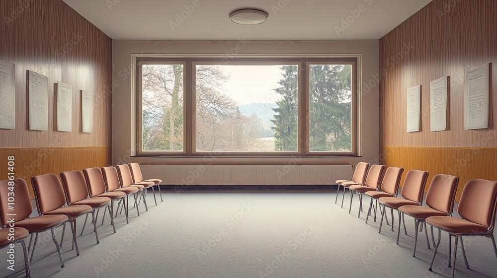 Poster rows of empty chairs facing a window with a view of trees and mountains