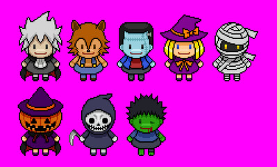 ハロウィンのキャラクターのピクセルアート