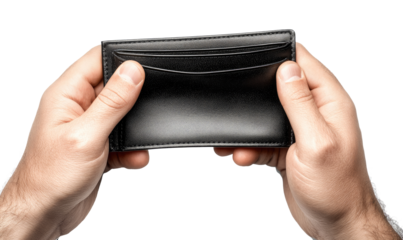 Hand holding empty wallet on transparent background