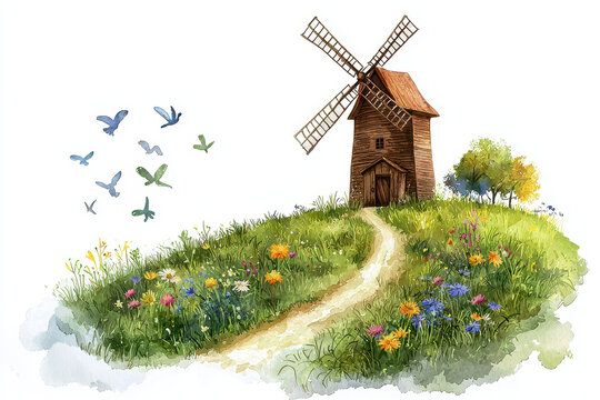 A quaint windmill stands on a grassy hill, surrounded by colorful flowers and fluttering birds under a clear sky.