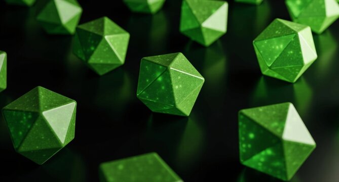 Lime translucent regular polygons with a mirror finish arranged against a black background. A realistic and detailed 3D render in super HD quality.