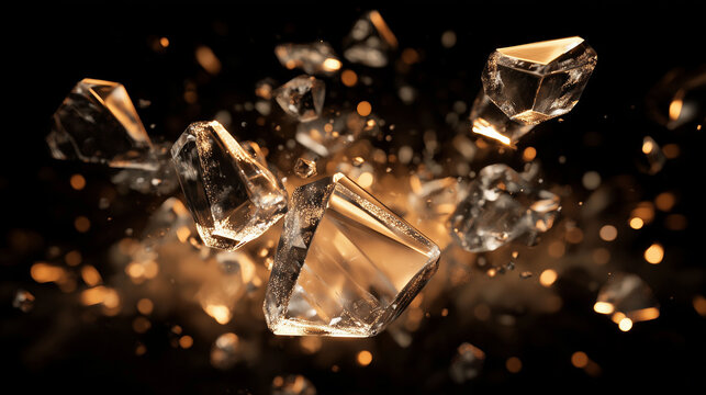 Shattered glass crystals with glowing golden light on a dark background
