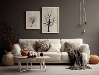 Scandinavian scandi modern minimalist cozy living room interior with fall and halloween decor
