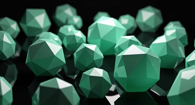 Mint-colored translucent regular polygons with smooth, mirror-like surfaces set against a black background. A highly detailed, realistic 3D render in super HD quality.