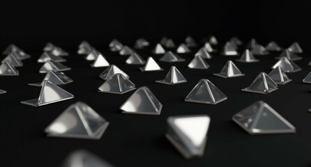 Silver-colored translucent scalene triangles with smooth, reflective surfaces arranged against a black backdrop. A realistic, highly detailed 3D render in super HD quality.