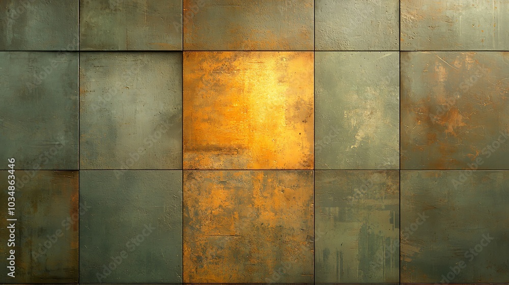 Poster exploring a unique textured wall design with a striking golden element amidst a series of muted pane
