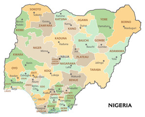 Fototapeta premium Isolated administrative divisions map of Nigeria