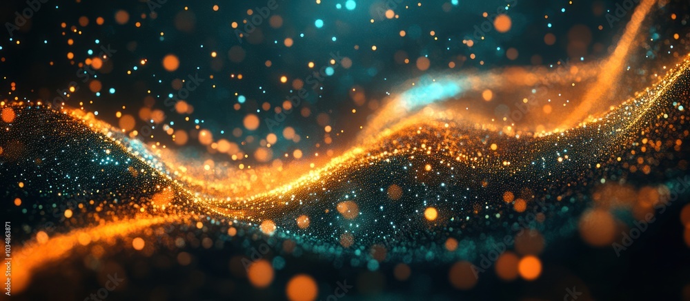 Poster Abstract background of flowing particles with orange and blue glow.