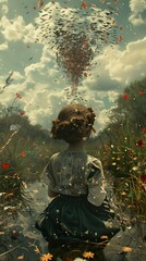 A Dreamy Escape: A Girl Surrounded by Butterflies in a Magical Meadow