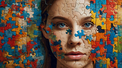 Puzzle-patterned girl&rsquo;s face in a modern art style, where each piece of the puzzle is a different bold color, creating a mosaic effect that contrasts her delicate facial features.1