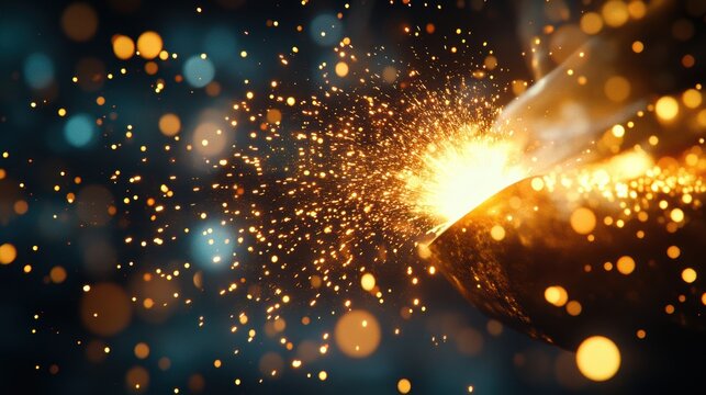 Factory worker welding : Hot sparks flying off metal, shallow depth of field, f/1.8 aperture, Canon EF 100mm f/2.8L IS USM lens, soft lighting, vibrant colors, photorealistic. cinematic.