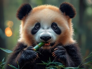 Fototapeta premium Panda Delight, a minimalist artwork showcasing a panda joyfully eating bamboo, emphasizing simplicity and nature's charm.