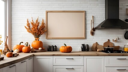 Modern minimalist landcape wall art mockup of cozy kitchen room for Halloween, blank frame for horizontal wall art kitchen mockup, Halloween and Christmas spooky scary vibes of the room interior desig