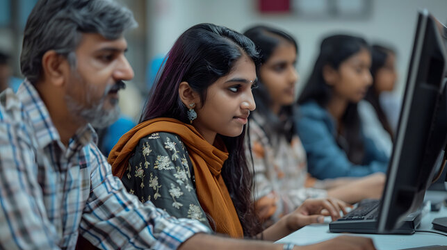 Indian teacher helping students at computer class