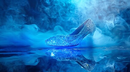 Fototapeta premium A crystal shoes lies on a blue floor that reflects light while blue smoke is seen in the backdrop