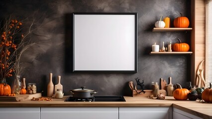 Modern minimalist landcape wall art mockup of cozy kitchen room for Halloween, blank frame for horizontal wall art kitchen mockup, Halloween and Christmas spooky scary vibes of the room interior desig