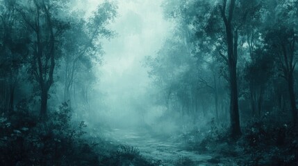 Oil painting depicting a misty forest panorama with an eerie fairy tale like atmosphere showcasing spooky woods shrouded in fog on a cold morning