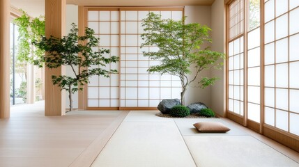 Tranquil Zen Interior with Shoji Screens and Plants