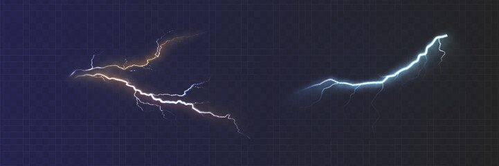 Set of the isolated realistic lightnings with transparency for design. Thunder-storm and lightnings. Magic and bright lighting effects. Natural effects