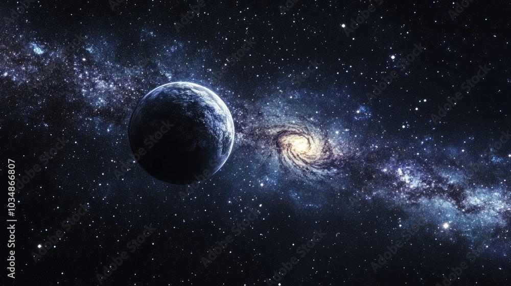 Poster 2d illustration with a deep space stellar background featuring a black universe and a cold nebula in
