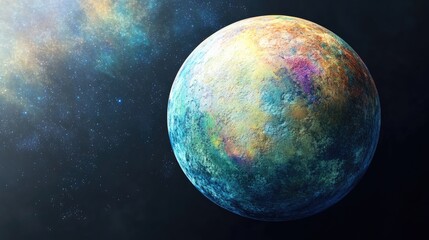 3D cartoon representation of a spherical planet depicting exploration and expedition on a distant celestial body within the solar system