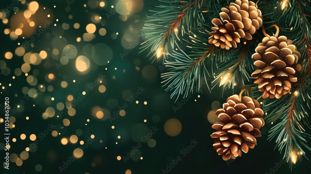 Poster christmas pine branch with cones on a dark green backdrop accompanied by warm bokeh lights creating 